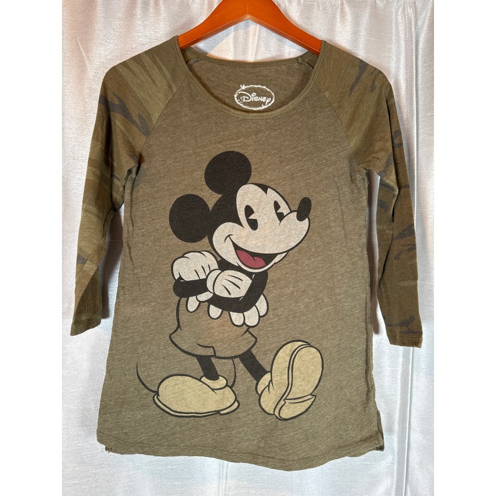 Disney Mickey Mouse Olive Green Camo Sleeve 3/4 Raglan Tee Shirt Medium‎